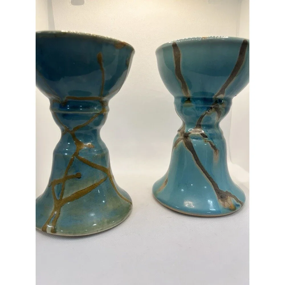 2 Raku Candle Holder Z Gallerie Pillar Taper Turquoise Blue teal brown 8